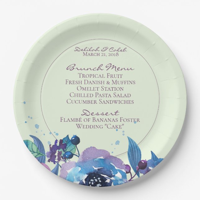 Deep Blue Purple Moody Twilight Floral Wedding Paper Plate (Front)