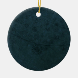 Deep Blue Retro Flowers and Butterflies Abstract Ceramic Ornament