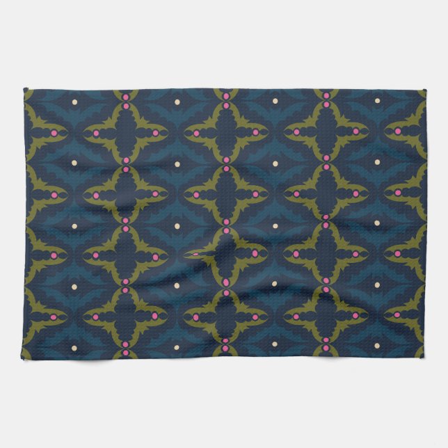 Deep Blue Retro Vintage Pattern  Kitchen Towel (Horizontal)