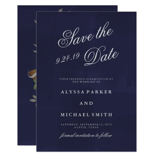 Deep Blue Save the Date with Moody Floral Reverse Card
