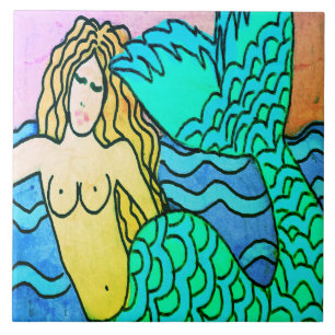 Deep Blue Sea Abstract Mermaid Painting Tile