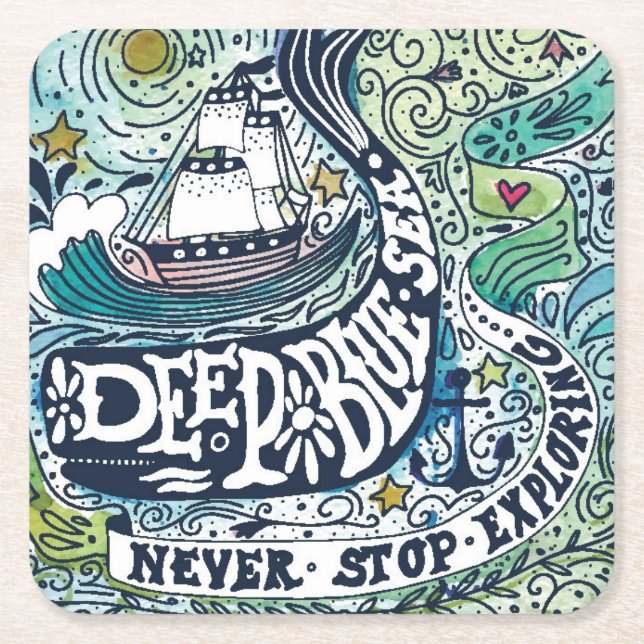 Deep Blue Sea |Never Stop Exploring Square Paper Coaster (Front)