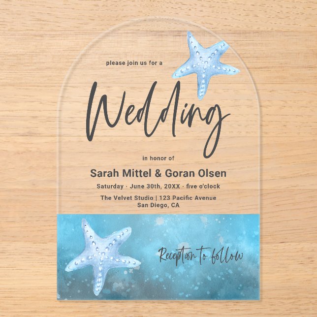 Deep Blue Sea Wedding Arch Acrylic Invitations (Front)