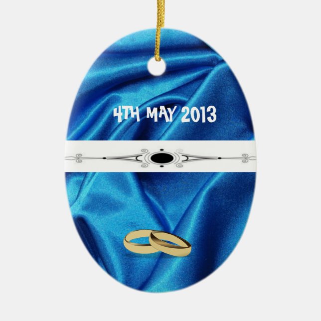 Deep Blue Silk Effect Wedding Ceramic Ornament (Front)