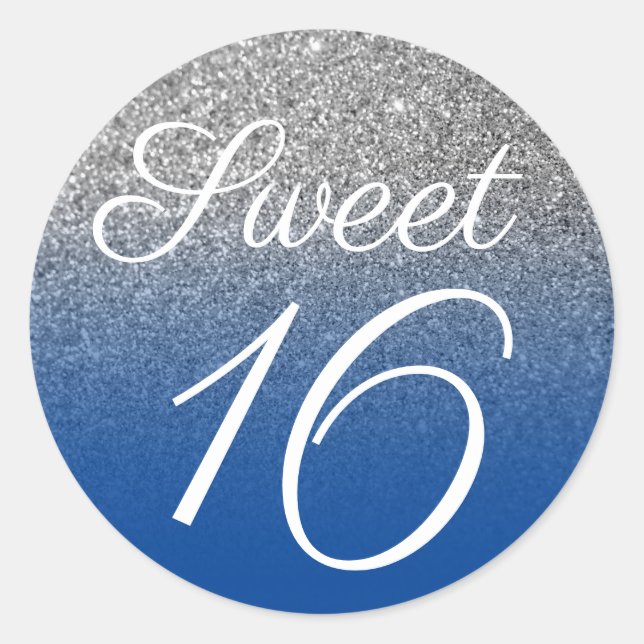 Deep Blue Silver Ombre Glitter Sweet Sixteen Classic Round Sticker (Front)