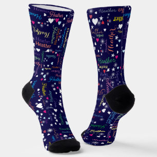 Deep Blue Sky Full of Names, Hearts and Stars Socks