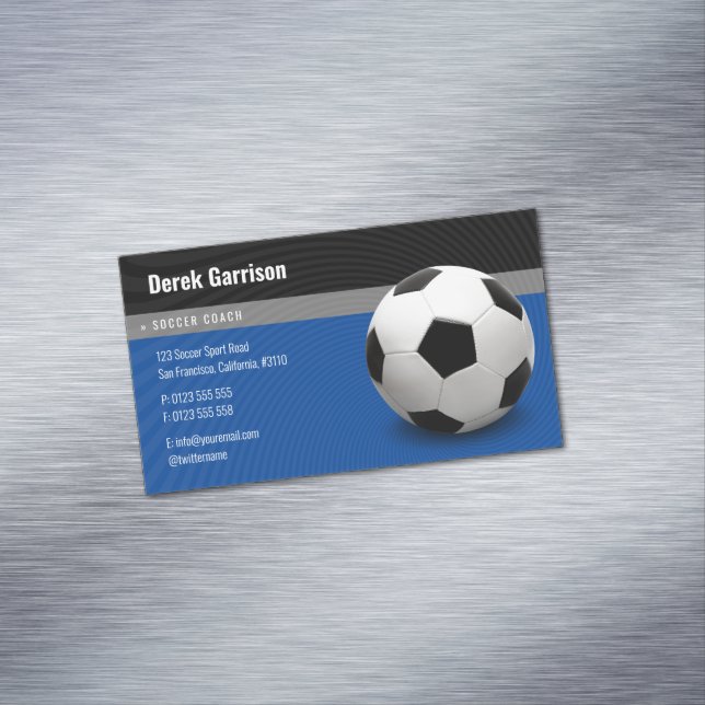 Deep Blue Soccer Coach | Sport Instructor Magnetic Business Card (In Situ)