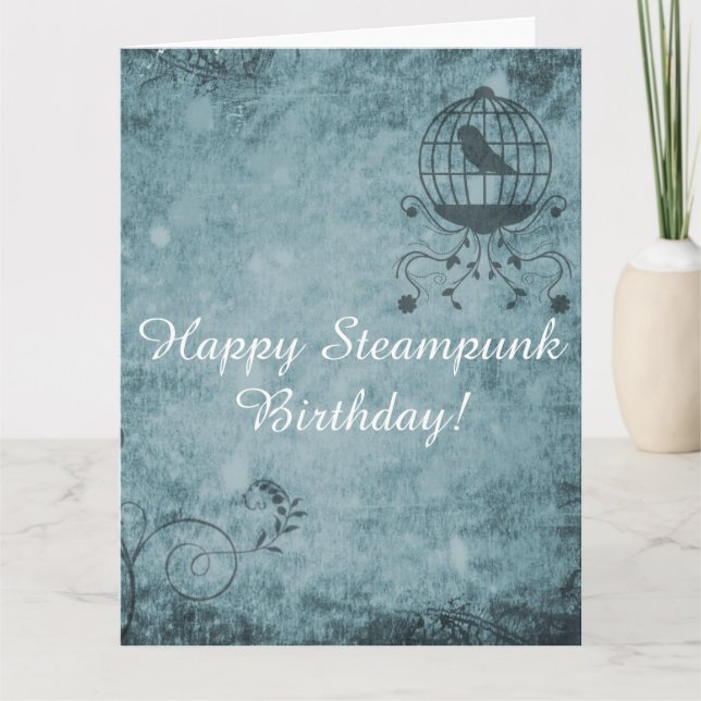 Deep Blue Steampunk Bird Cage Big Greeting Card (Front)