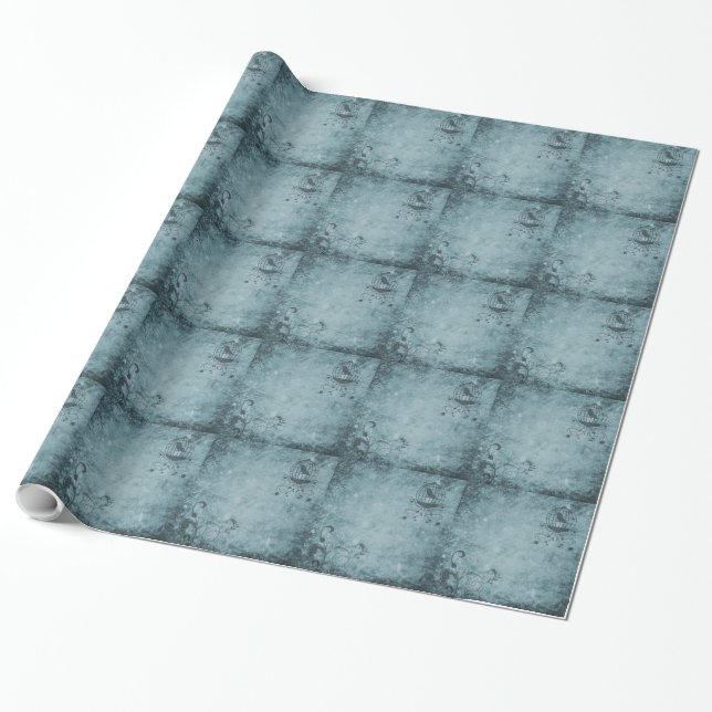 Deep Blue Steampunk Bird Cage Wrapping Paper (Unrolled)
