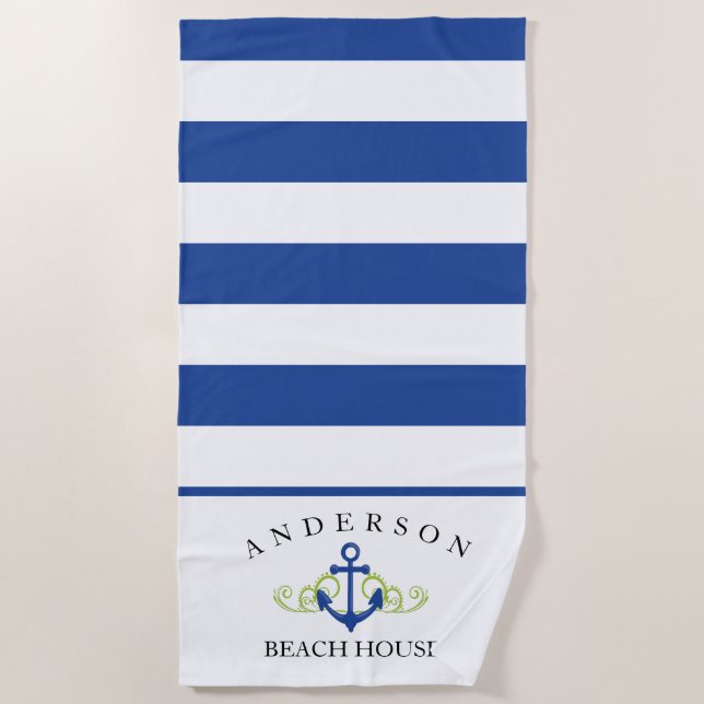 Deep Blue Stripe personalized Beach House Towel (Front)