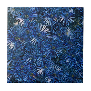 Deep Blue Stylized Flowers Tile