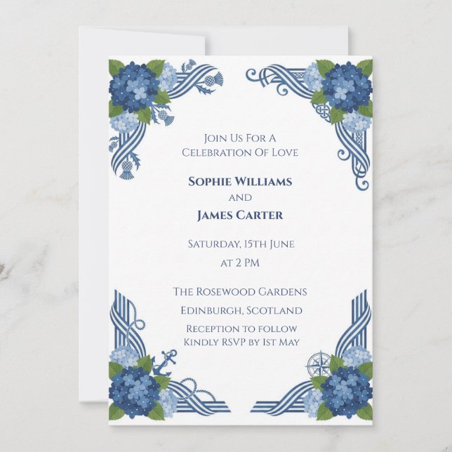 Deep Blue Thistle Scroll Scottish Wedding Invitati Invitation (Front)