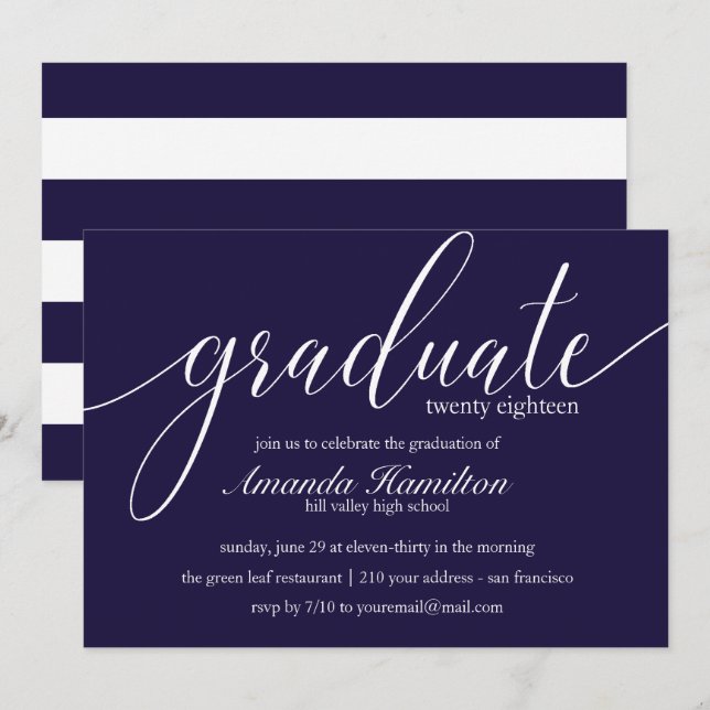Deep Blue  typography Graduation Invitation (Front/Back)