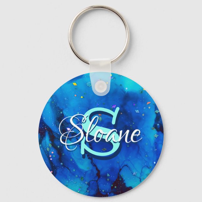 Deep Blue Underwater Alcohol Ink Painting Keychain (Front)