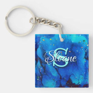 Deep Blue Underwater Alcohol Ink Painting Keychain