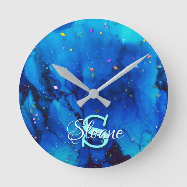 Deep Blue Underwater Alcohol Ink Painting Round Clock (Front)