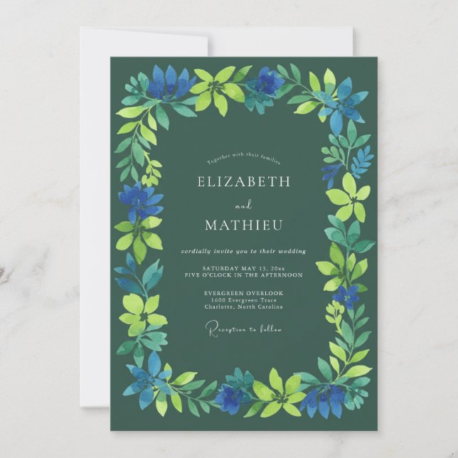Deep Blue Verdant Blossom Wedding Invitation (Front)