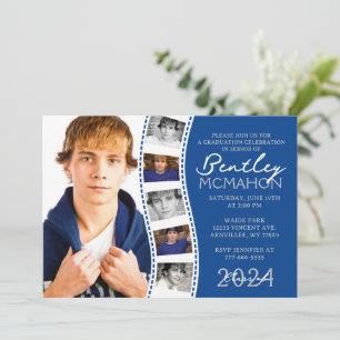 Deep Blue & White Filmstrip 6 Photo Graduation Invitation