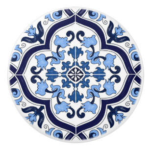 Deep Blue White Floral Sicilian Majolica Mosaic Ceramic Knob
