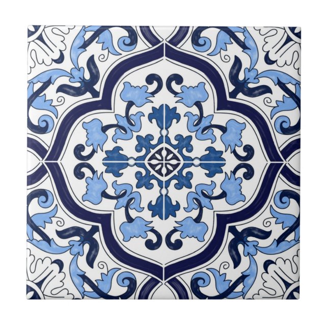 Deep Blue White Floral Sicilian Majolica Mosaic Tile (Front)