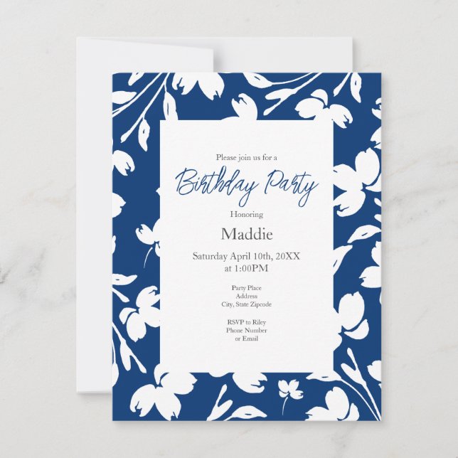 Deep Blue, White Flower Stems   Invitation (Front)