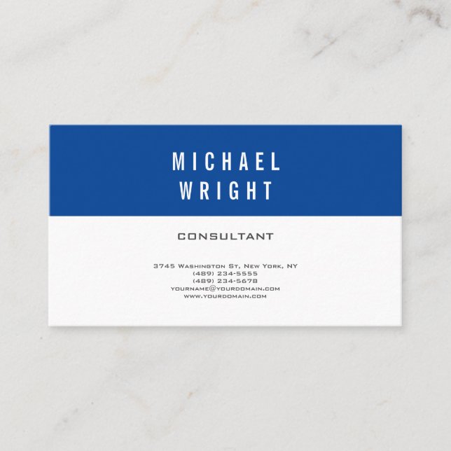 Deep Blue White Modern Plain Simple Minimalist Business Card (Front)