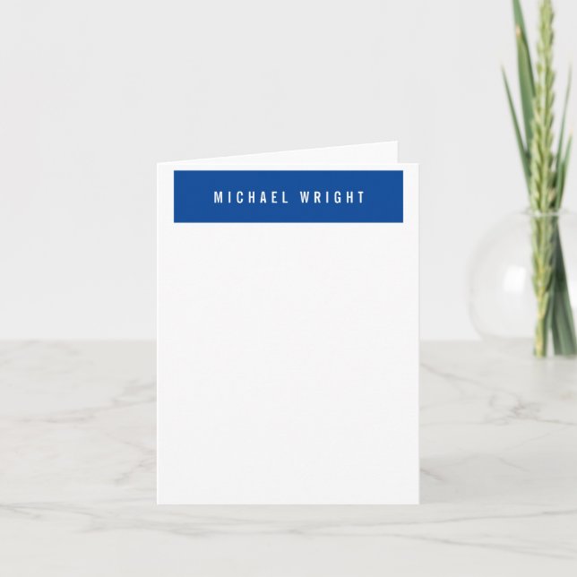 Deep Blue White Modern Plain Simple Minimalist Note Card (Front)