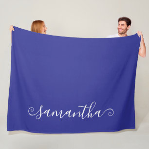 Deep Blue White Short Curly Swash Signature Name Fleece Blanket
