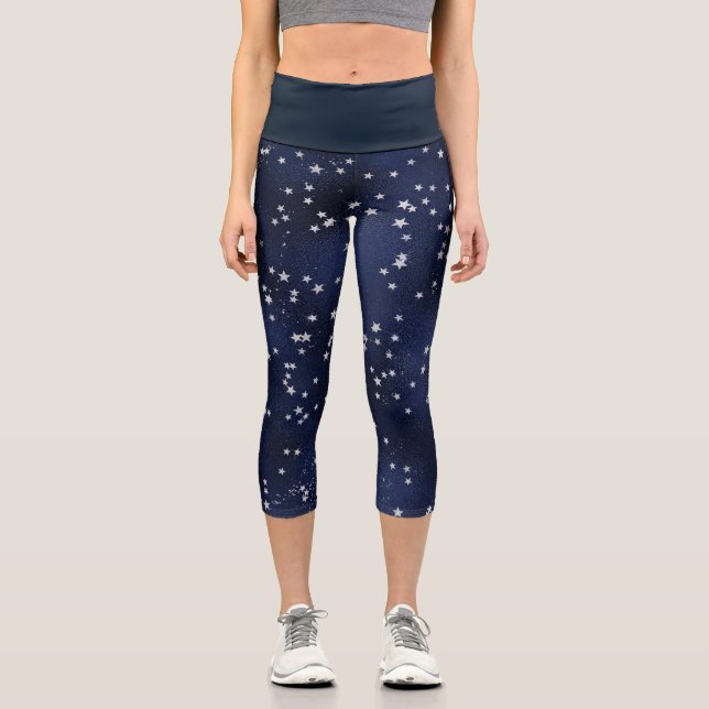 Deep Blue With Silver Stars Pattern  Capri Leggings (Front)