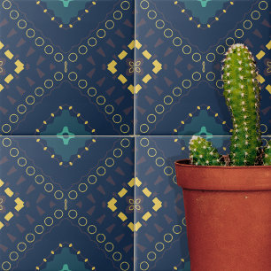 Deep Blue Yellow Geometric Shapes Mosaic Pattern Tile