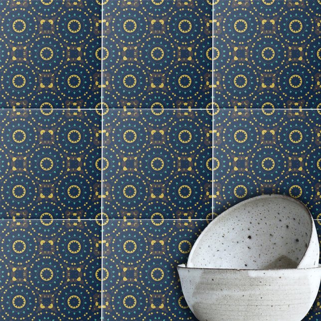 Deep Blue Yellow Mosaic Ethnic Boho Chic Pattern Tile (Creator Uploaded)