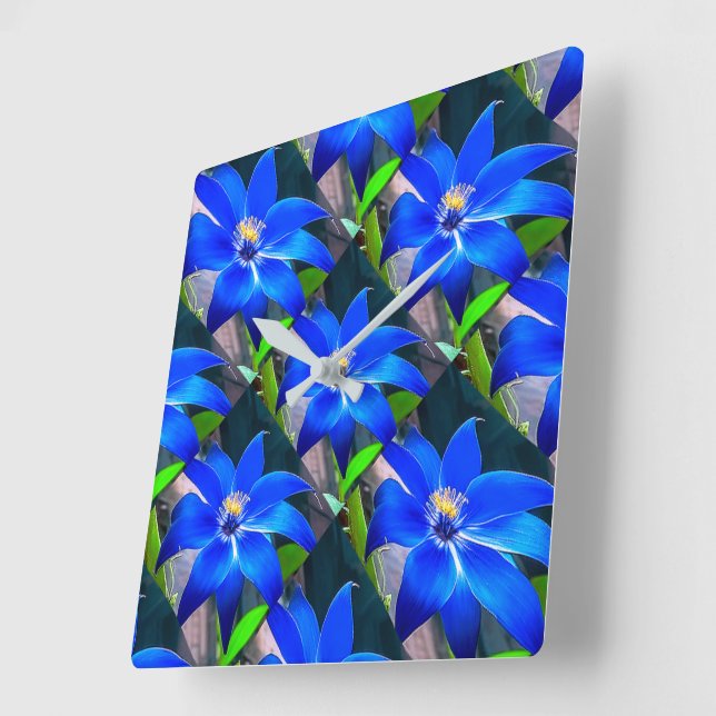 Deep Bluish Flowers Pattern Square Wall Clock (Angle)
