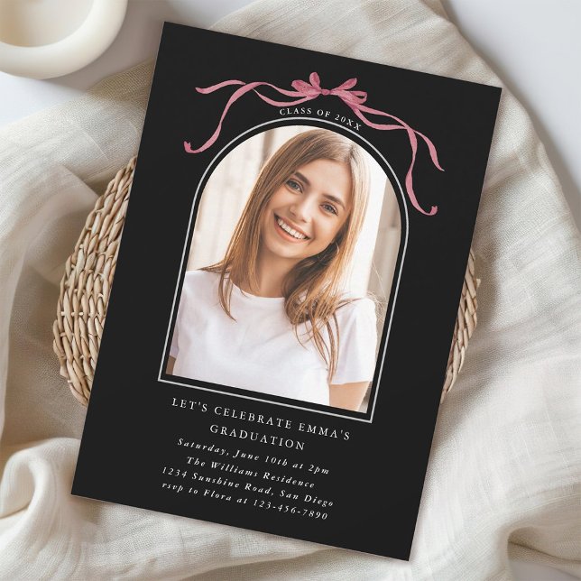 Deep Blush Bow Graduation Party Arch Photo Black Invitation (Creator Uploaded)
