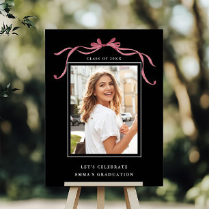 Deep Blush Bow Graduation Party Welcome Black Poster