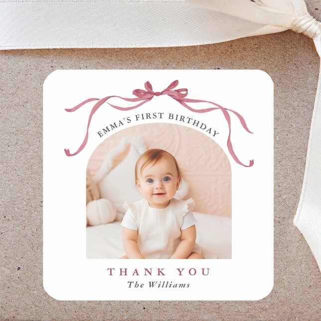 Deep Blush Pink Bow Birthday Thank You Square Sticker (Creator Uploaded)