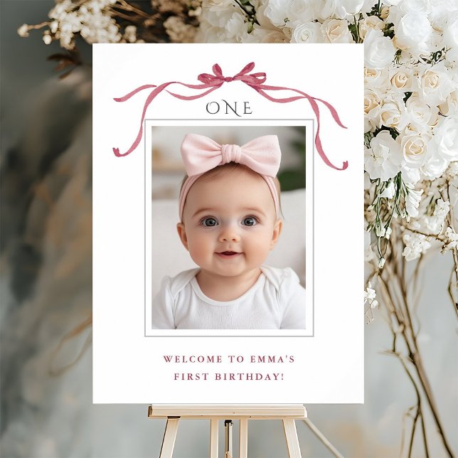 Deep Blush Pink Bow Girl 1st Birthday Welcome Poster (Creator Uploaded)