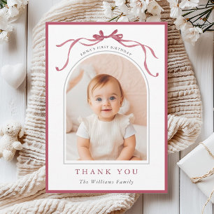 Deep Blush Pink Bow Minimal Birthday Photo Thank You Card