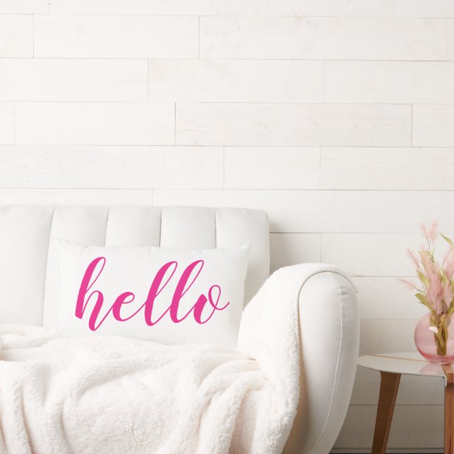 Deep Bright Pink Hello Cute Hello or Your Quote Lumbar Pillow (Couch)