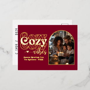 Deep Burgundy and Gold Cozy Vibes Retro Christmas Foil Holiday Postcard