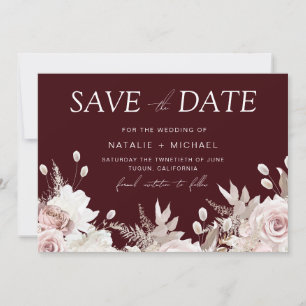 Deep Burgundy Blush Boho Floral Wedding Save The Date