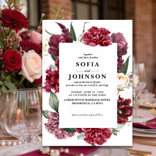 Deep Burgundy Blush Floral Marsala Rose wedding Invitation