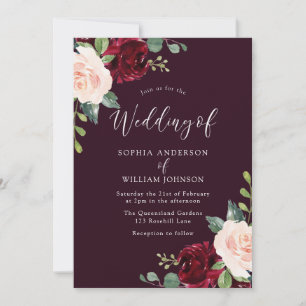 Deep Burgundy Blush Watercolor Floral Wedding Invitation