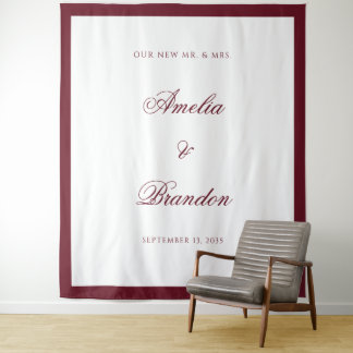 Deep Burgundy Border Script Wedding Backdrop Tapestry
