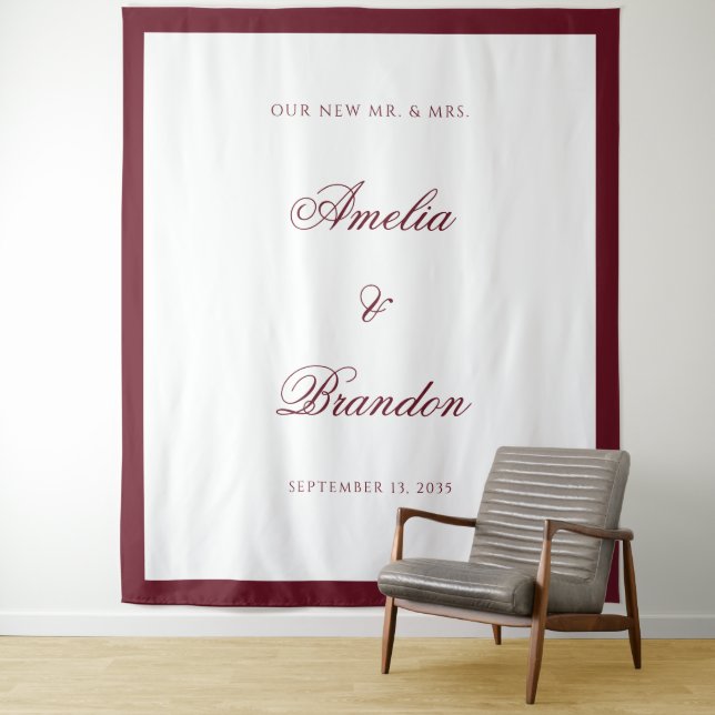 Deep Burgundy Border Script Wedding Backdrop Tapestry (In Situ)