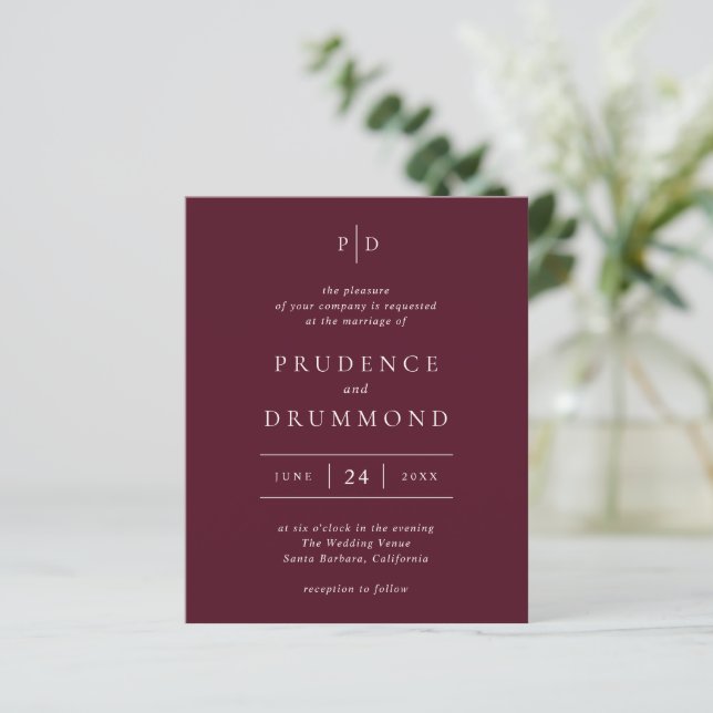Deep Burgundy Classic Budget Wedding Invitation (Standing Front)