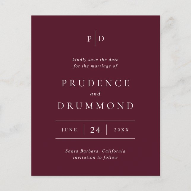 Deep Burgundy Classic Budget Wedding Save the Date Flyer (Front)