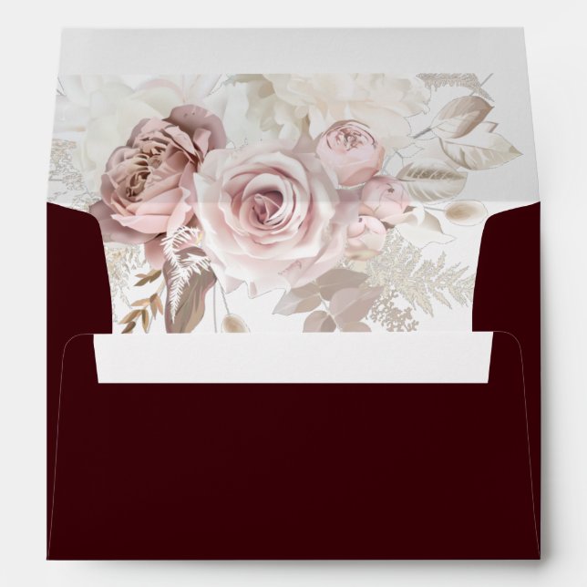 Deep Burgundy & Dusty Rose Blush Floral Wedding Envelope (Back (Bottom))