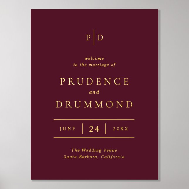 Deep Burgundy Elegant Classic Wedding Foil Sign (Front)