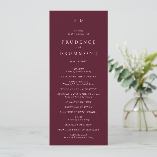 Deep Burgundy Elegant Classic Wedding Program (Standing Front)