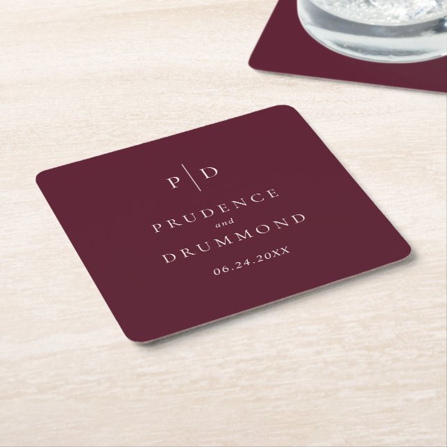 Deep Burgundy Elegant Classic Wedding Square Paper Coaster (Angled)